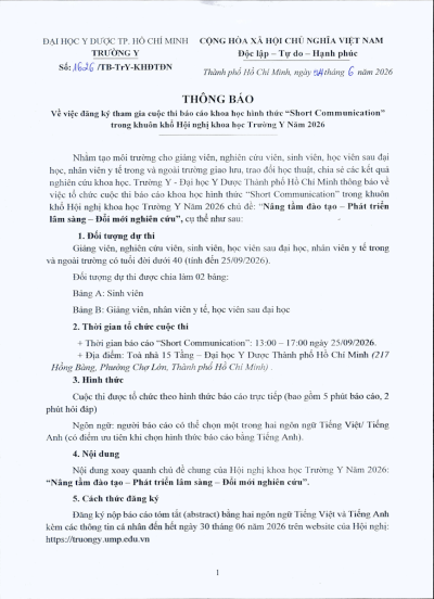 Về việc đăng ký tham gia cuộc thi báo cáo khoa học hình thức “Short Communication” trong khuôn khổ Hội nghị khoa học Trường Y năm 2026